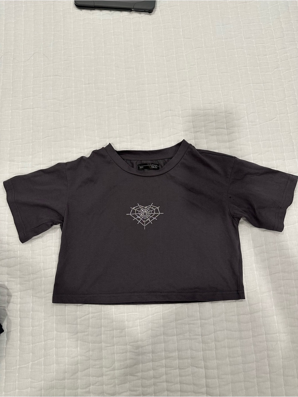 Cropped Black Short-Sleeve Tee with White Spiderweb Motif